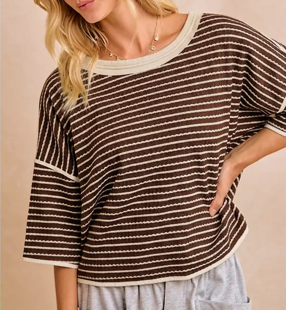 Mocha Striped Waffle Top