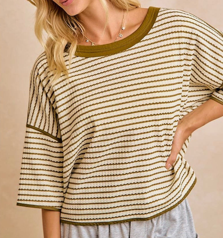 Olive Striped Waffle Top